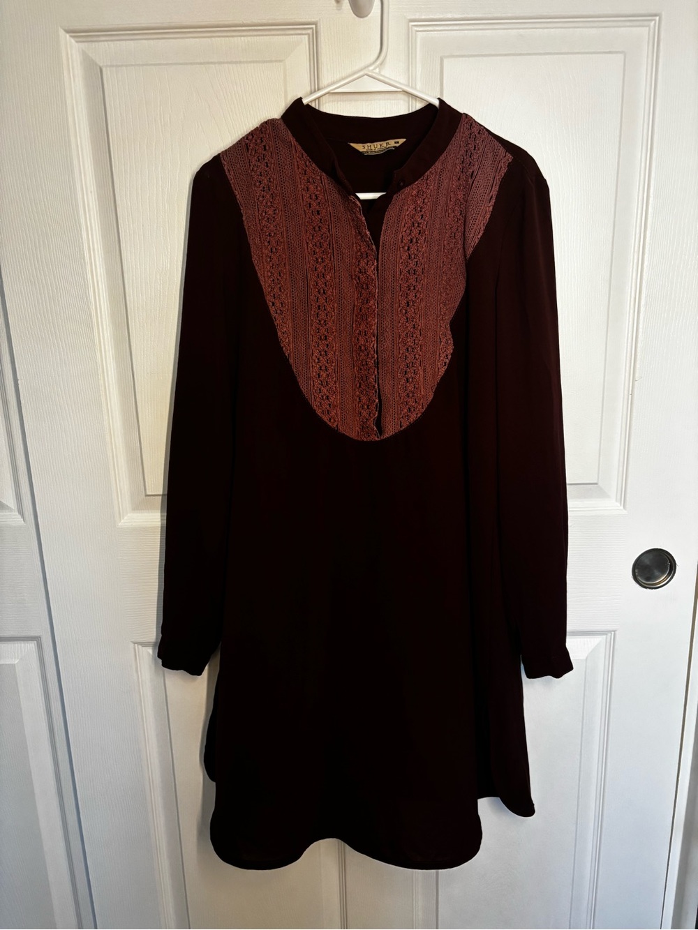 SHUKR Dark Maroon Lace Bib Tunic Blouse Boho Modest Long Sleeve Large